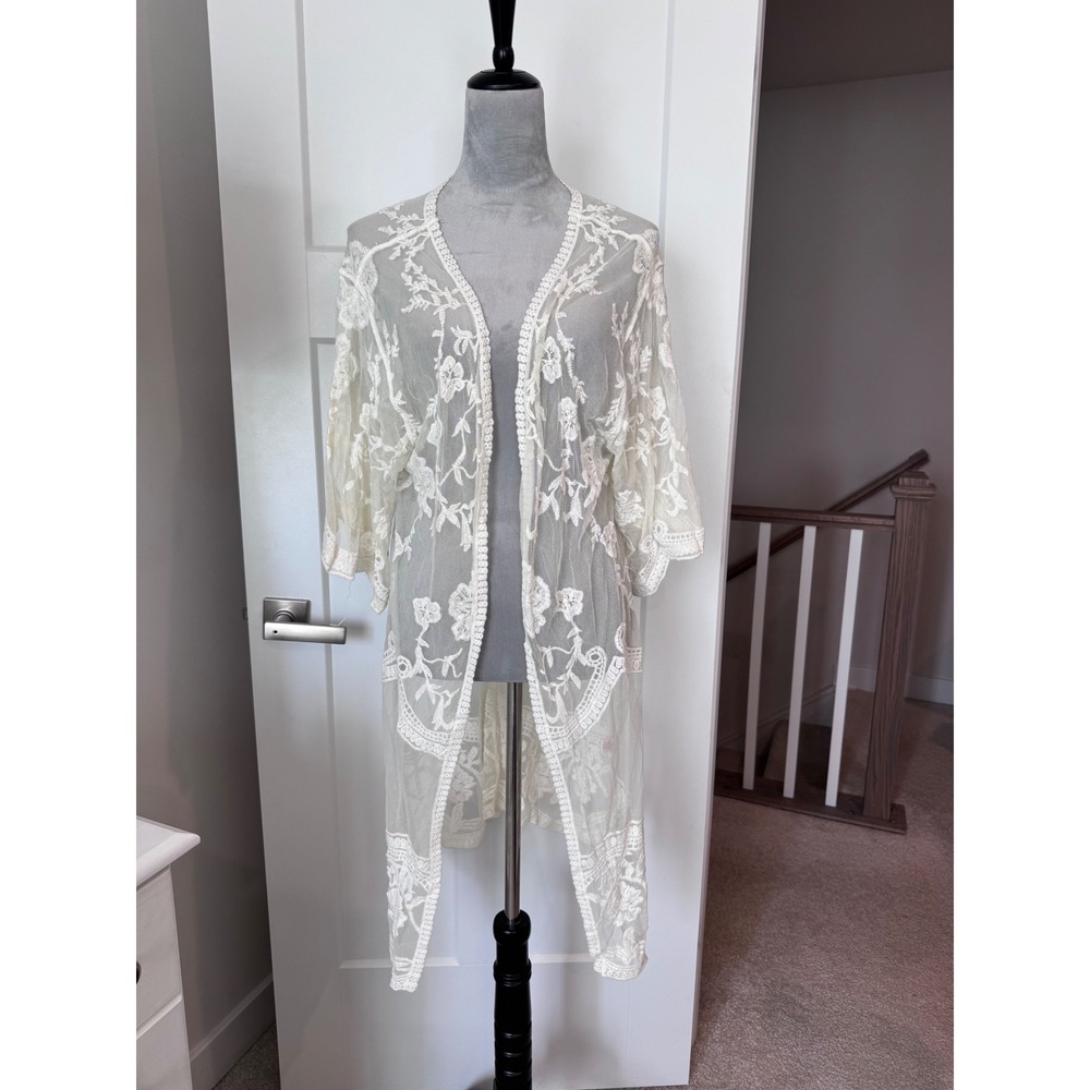 Dizzy Gal Cream Floral Embroidered Sheer Mesh Longline Duster Cardigan Medium